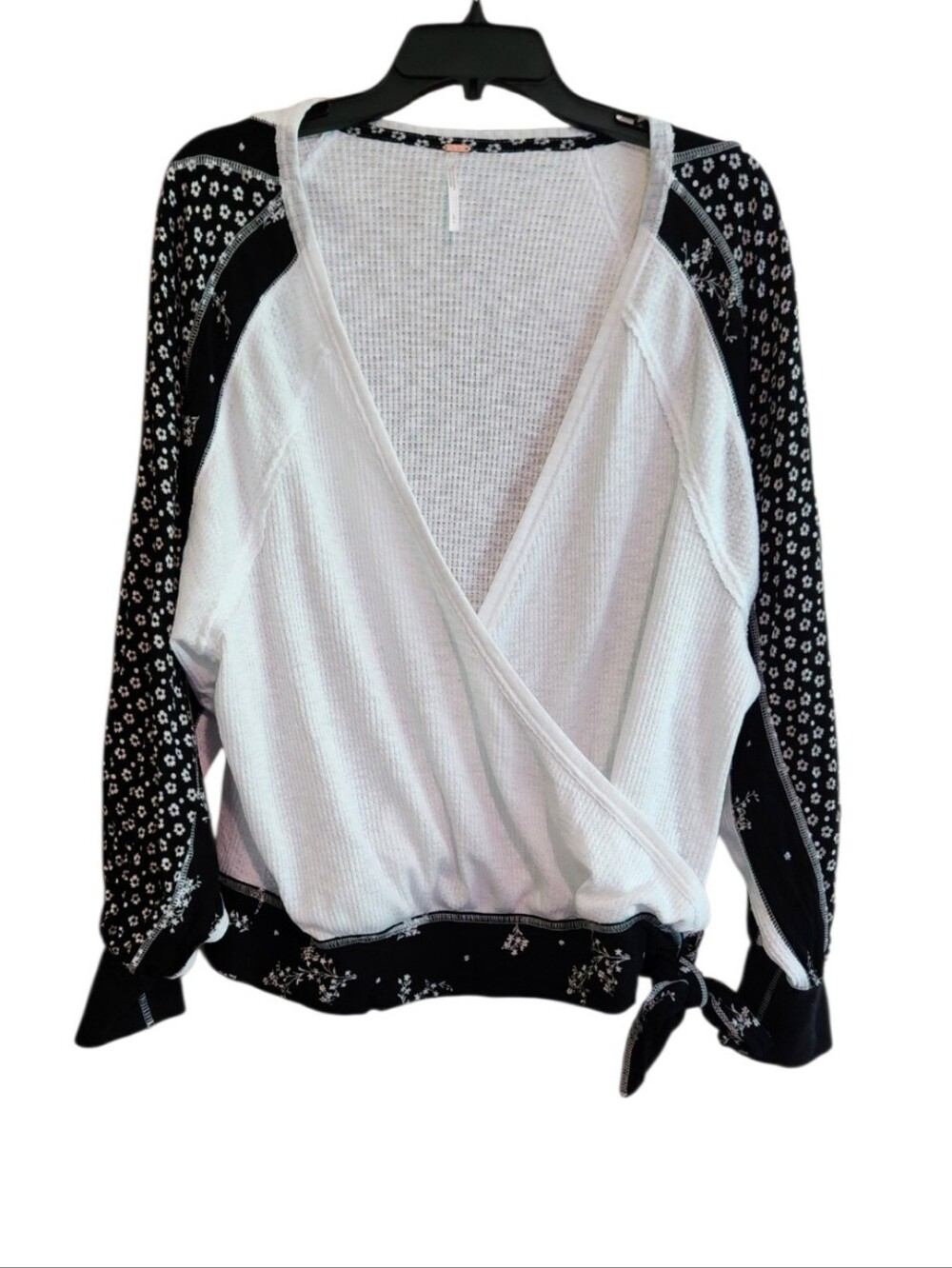 Free People Auxton White Waffle Knit Wrap Sweater with Black Floral Sleeves